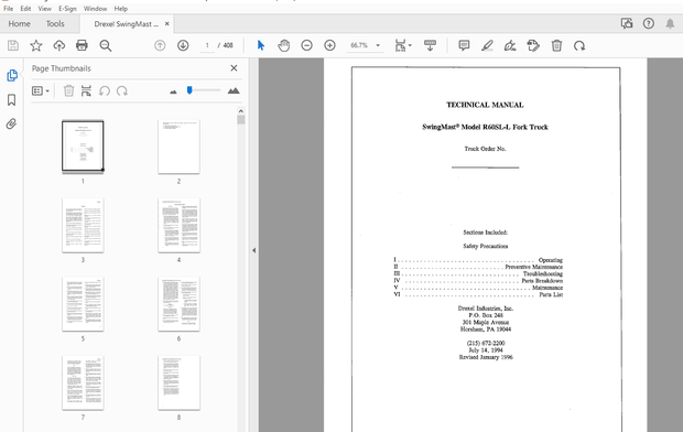 Drexel SwingMast R60SL-L Fork Truck Service &amp; Parts Manual 1402527 – PDF DOWNLOAD