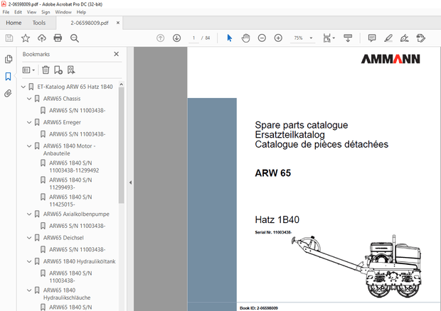 Ammann ARW 65 Hatz 1B40 Walk Behind Roller Parts Manual 11003438 PDF