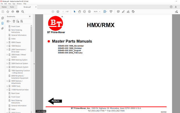 BT Prime-Mover HMXRMX Electric Low Lift Pallet Truck Master Quality Parts Manual