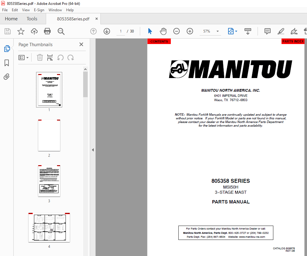 Manitou Forklift 805358 SERIES MSI50H 3–STAGE MAST Parts Manual – PDF ...