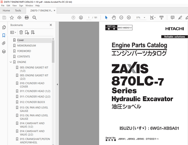 Hitachi ZAXIS 870LC-7 Series Hydraulic Excavator Engine Parts Manual XBSA01-1 - PDF DOWNLOAD