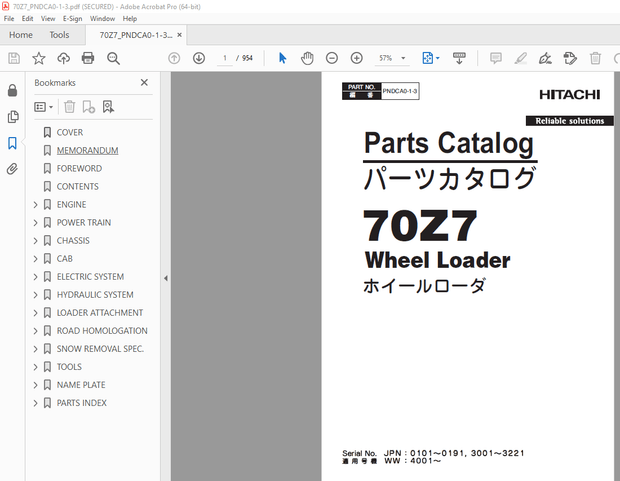 Hitachi 70Z7 Wheel Loader Parts Manual PNDCA0-1-3 – PDF DOWNLOAD