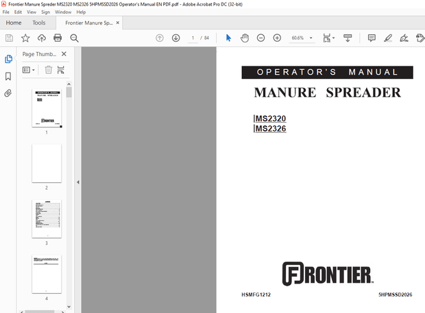 Frontier Manure Spreder MS2320 MS2326 Operator’s Manual(5HPMSSD2026) – PDF DOWNLOAD