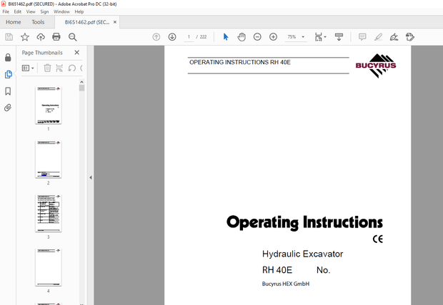 Cat Bucyrus Hydraulic Excavator RH 40E OPERATING INSTRUCTIONS MANUAL BI651462 – PDF DOWNLOAD