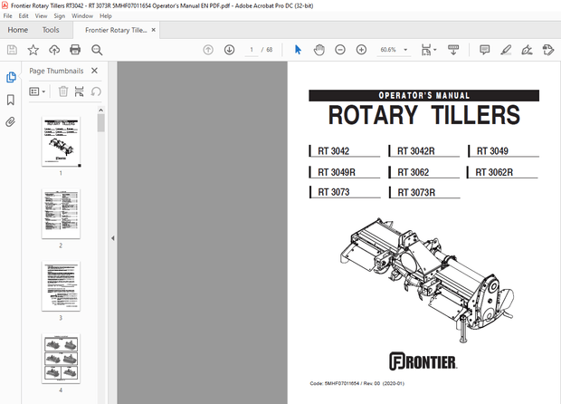 Frontier Tillers RT 3042 RT 3042R RT 3049 RT 3049R RT 3062 RT 3062R RT 3073 Operator’s Manual PDF