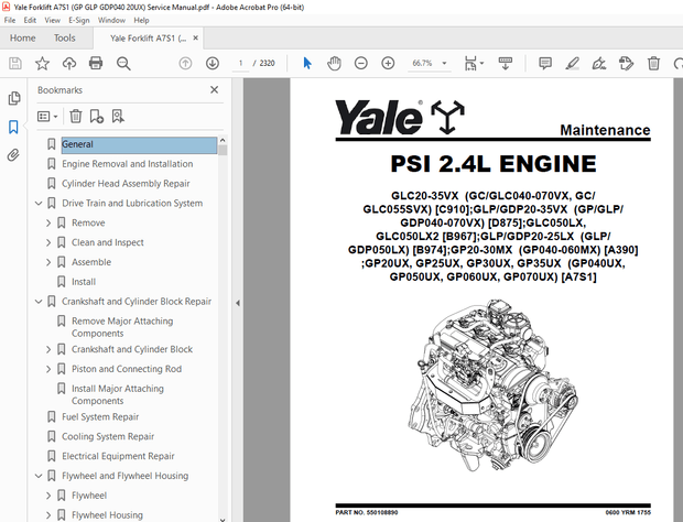 Yale Forklift A7S1 (GP GLP GDP040 20UX) Service Manual – PDF DOWNLOAD