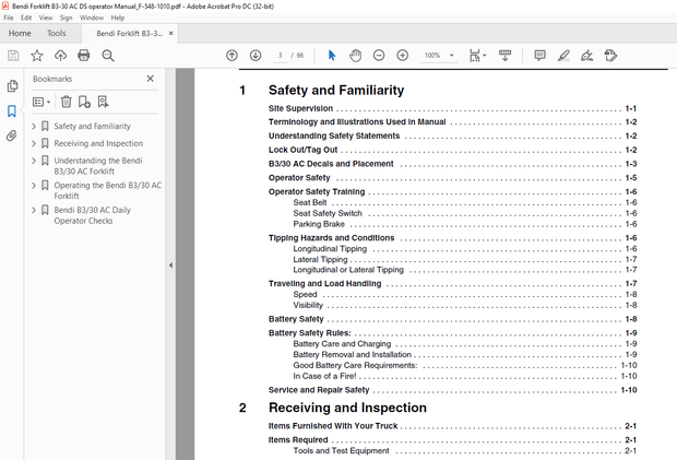 Landoll Bendi B330 AC Electric Narrow Aisle Forklift Operator’s Manual F-548-1010 –  PDF DOWNLOAD