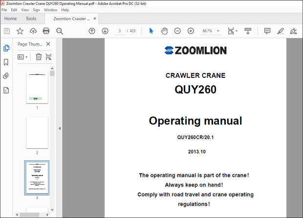 Zoomlion Crawler Crane QUY260 Operating Manual – PDF DOWNLOAD