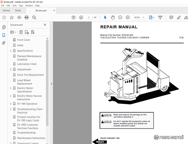 BT Prime-Mover Forklift TCB Electric Tugger Car Body Carrier Service Manual  – PDF DOWNLOAD