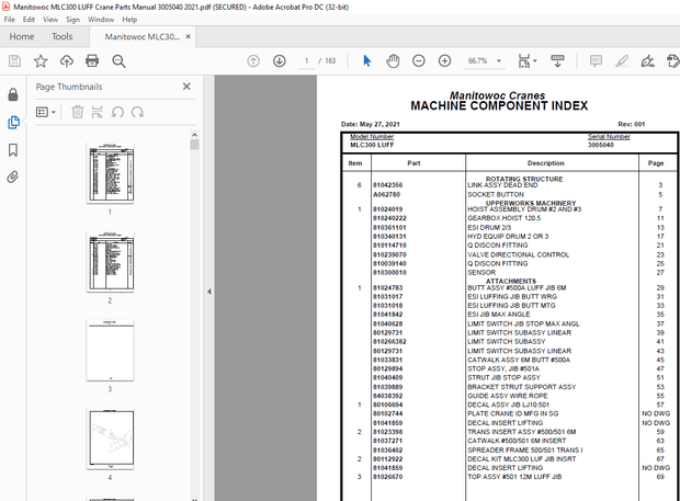 Manitowoc Crane MLC300 LUFF Parts Manual SN 3005040 – PDF DOWNLOAD