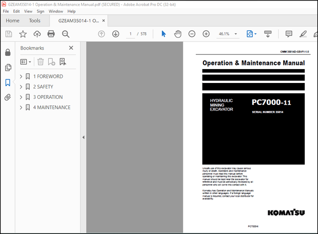 Komatsu Hydraulic Mining Excavator PC7000-11 Operation &amp; Maintenance Manual – PDF DOWNLOAD