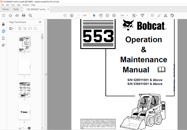 Bobcat 553 Loader Operation &amp; Maintenance Manual 6902827 - PDF DOWNLOAD