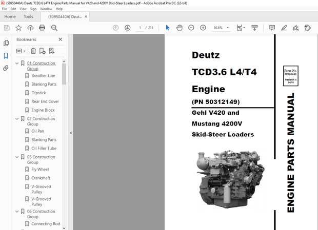 Deutz TCD3.6 L4 T4 Engine Gehl V420 &amp; Mustang 4200V Skid-Steer Loaders Parts Manual 50950440 – PDF 