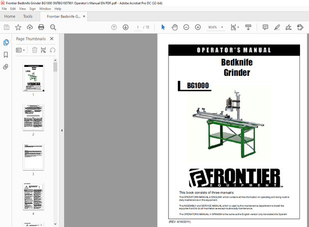 Frontier Bedknife Grinder BG1000 Operator’s Manual(5NTBG1007901) – PDF DOWNLOAD