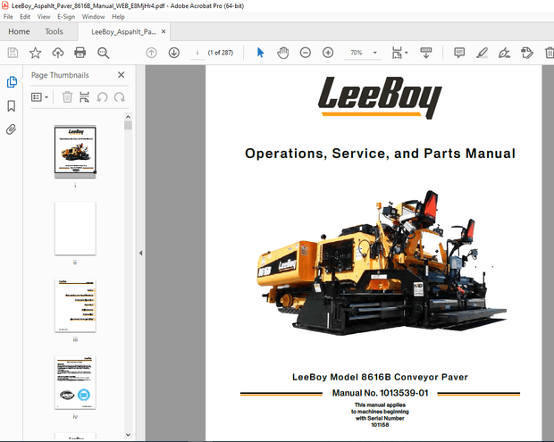 LEEBOY 8616B Conveyor Paver Operations, Service &amp; Parts Manual SN 101158 PDF DOWNLOAD