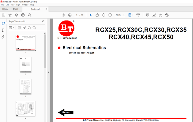 BT Forklift RCX25,RCX30C,RCX30,RCX35 RCX40,RCX45,RCX50 Electrical Schematics Manual – PDF DOWNLOAD