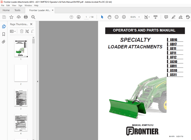 Frontier Loader Attachments AB16 AB17 AE11 AF11 AF12 AF10 AF11 AS10 AS11 Operator’s &amp; Parts Manual