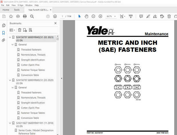 Yale G876 (GDP190DC, GDP210DC, GDP230DC, GDP230DCS, GDP250DC, GDP280DC) Service Manual PDF
