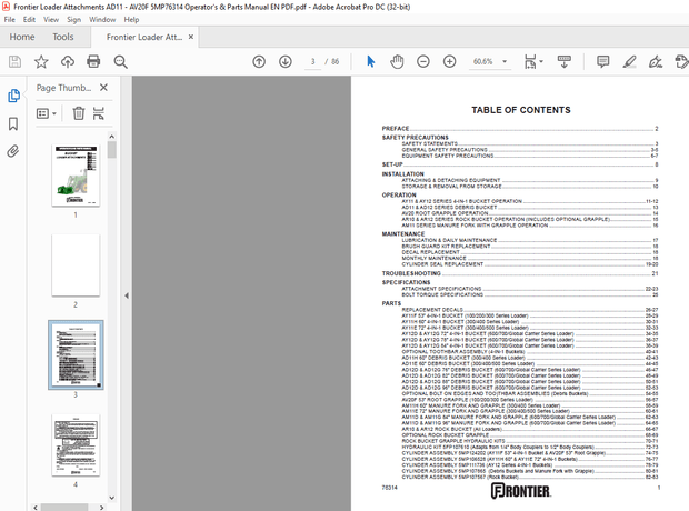 Frontier Loader Attachments AD11 AD12 AM11 AR10 AR12 AY11 AY12 AV20F Operator’s &amp; Parts Manual PDF