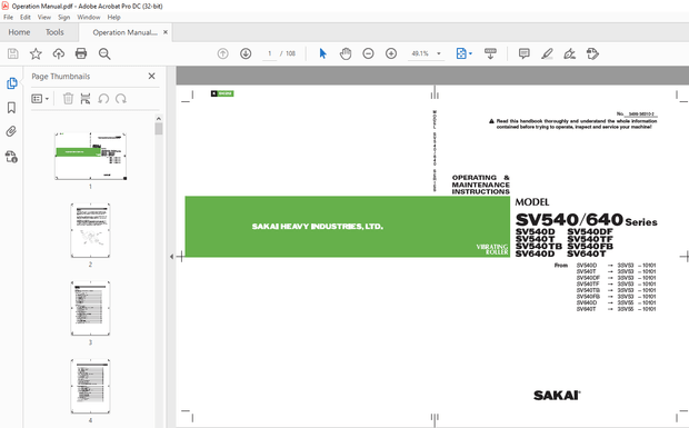 Sakai SV540/640 Series SV540D SV540DF SV540T SV540TF Roller Operator Manual