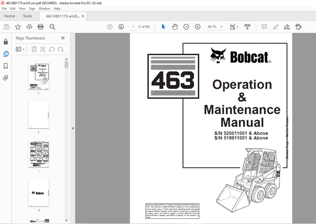 Bobcat 463 Loader Operation &amp; Maintenance Manual 6901175 - PDF DOWNLOAD