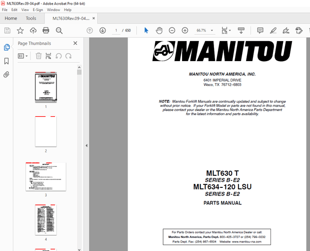 Manitou Forklift MLT630 T SERIES B-E2 MLT634-120 LSU SERIES B-E2 Parts Manual – PDF DOWNLOAD