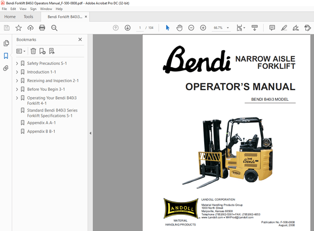Bendi Landoll Forklift B40i3 Narrow Aisle Operator’s Manual – PDF DOWNLOAD