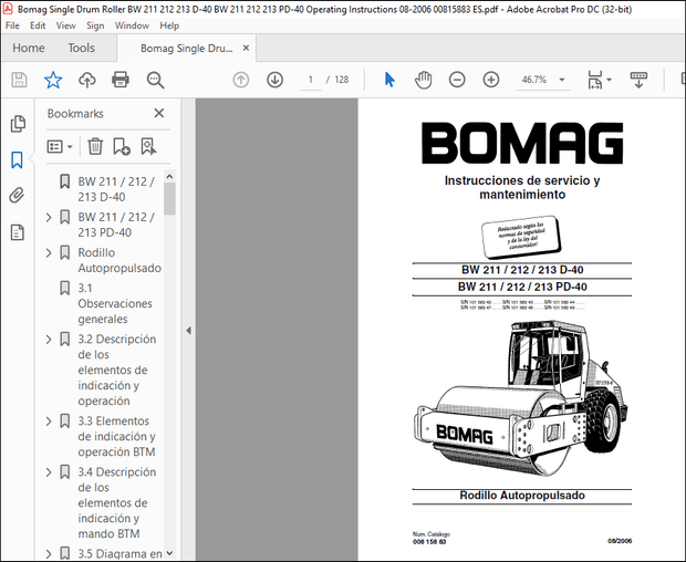 Bomag Self-Propelled Roller BW 211 212 213 D-40 BW 211 212 213 PD-40 Operating Instructions Manual 