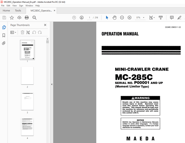 Maeda MC-285C MINI-CRAWLER CRANE OPERATION MANUAL – PDF DOWNLOAD