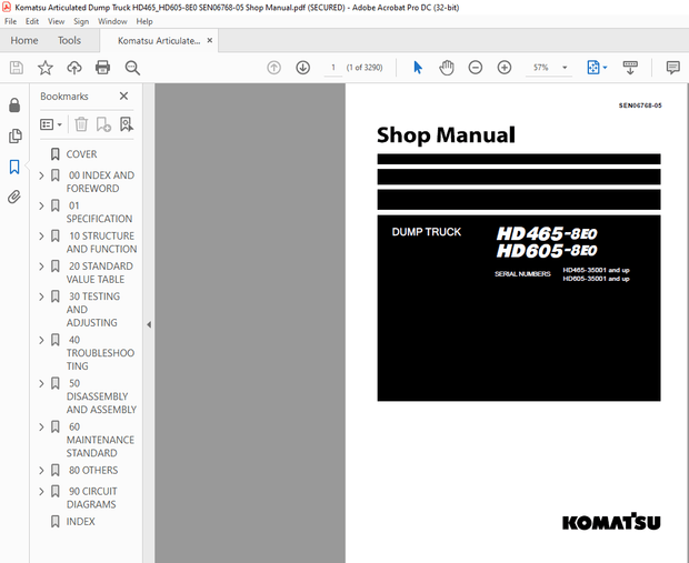 Komatsu HD465-8E0 HD605-8E0 Articulated Dump Truck Shop Manual SEN06768-05 – PDF DOWNLOAD