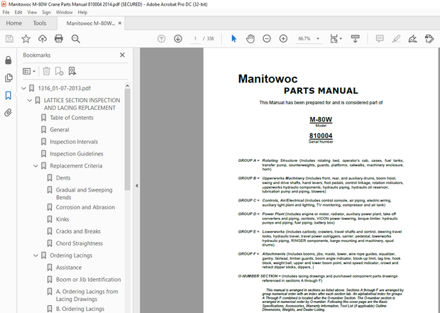 Manitowoc Traditional Crane M-80W Parts Manual SN 810004 PDF