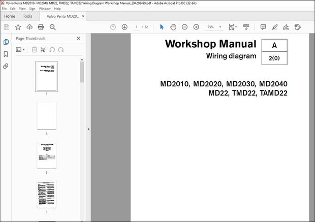 Volvo Penta MD2010, MD2020, MD2030, MD2040 &amp; MD22, TMD22, TAMD22 Wiring Diagram Workshop Manual PDF