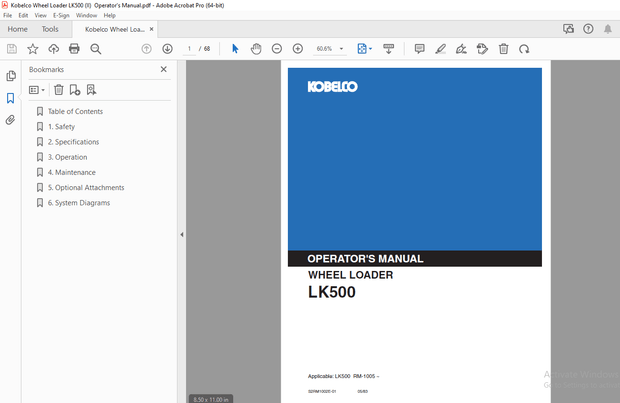 Kobelco LK500 Wheel Loader Operator’s Manual – PDF DOWNLOAD