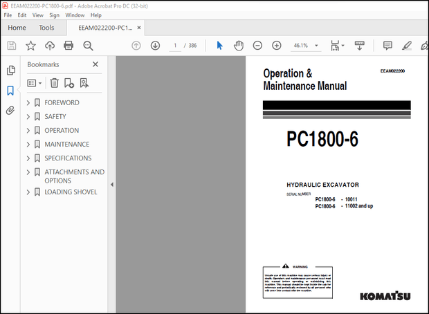 Komatsu PC1800-6 Hydraulic Excavator Operation &amp; Maintenance Manual EEAM022200 – PDF DOWNLOAD