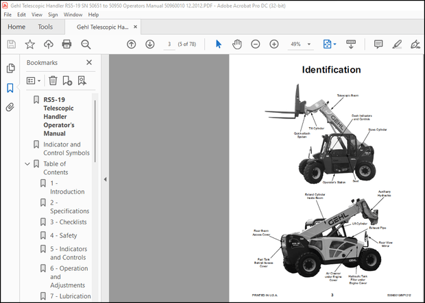 Gehl Telescopic Handler RS5-19 Operator’s Manual 50960010 – PDF DOWNLOAD