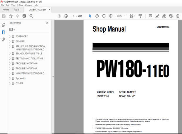 Komatsu PW180-11E0 Wheeled Excavator Repair Service  Manual VENBM70000 - PDF DOWNLOAD
