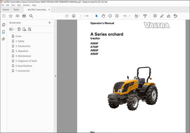 Valtra Series Orchard Tractor A650F A750F A850F A950F Operator’s Manual 87316100 – PDF DOWNLOAD