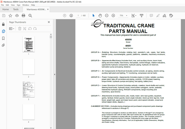 Manitowoc Traditional Crane 4000W Parts Manual SN 40651 - PDF