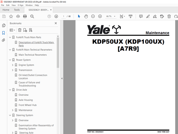 Yale Forklift KDP50UX (KDP100UX) [A7R9] Maintenance Manual – PDF DOWNLOAD