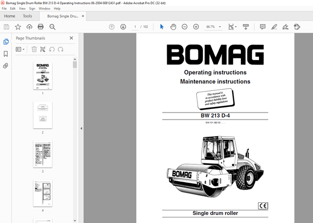 Bomag Single drum roller BW 213 D-4 Operating instructions Manual SN10158250 – PDF DOWNLOAD