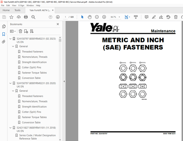 Yale Forklift A674 (GDP160-12EC, GDP180-7.5EC, GDP180-9EC, GDP160-9EC) Service Manual PDF
