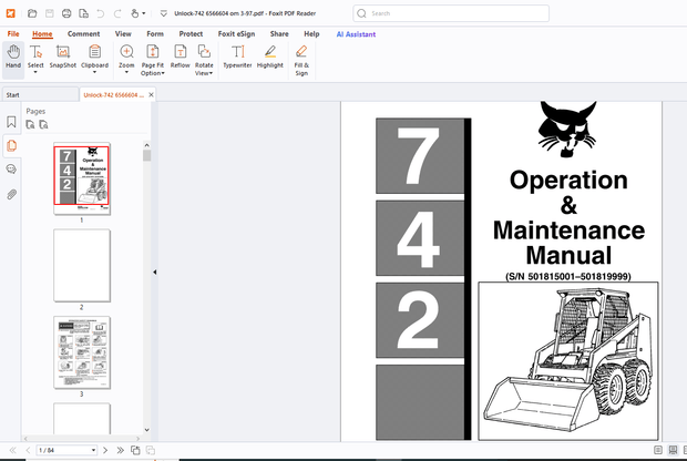 Bobcat 742 Operation &amp; Maintenance Manual SN 501815001-501819999 - PDF DOWNLOAD