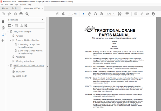 Manitowoc Traditional Crane 4000W Parts Manual SN 40665 – PDF DOWNLOAD