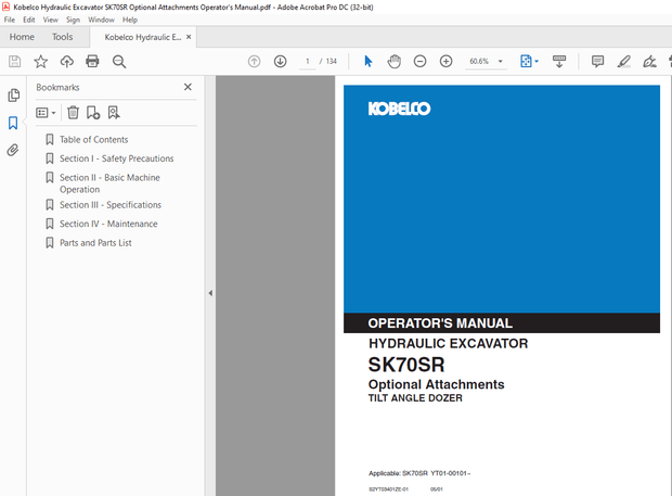 Kobelco SK70SR Hydraulic Excavator Optional Attachments Tilt Angle Dozer Operator’s Manual – PDF 
