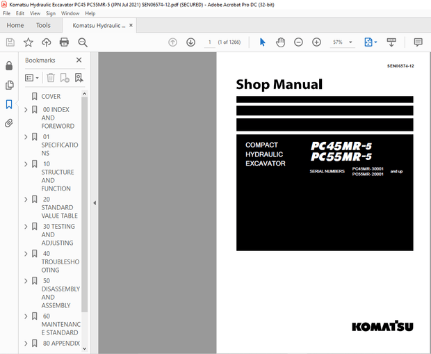 Komatsu PC45MR-5 PC55MR-5 Compact Hydraulic Excavator Shop Manual SEN06574-12 – PDF DOWNLOAD