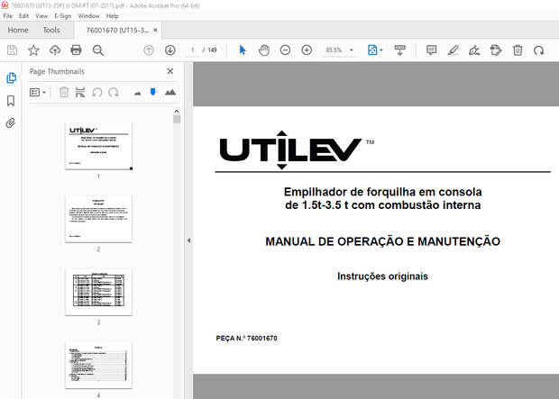 UTILEV Empilhador de forquilha em consola de 1.5t-3.5t MANUAL DE OPERAÇÃO PDF