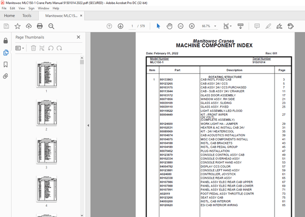 Manitowoc Crane MLC150-1 Parts Manual SN 91501014 – PDF DOWNLOAD