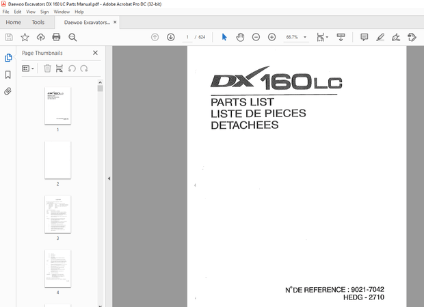 Daewoo Excavators DX 140W/ DX160W Parts Manual – PDF DOWNLOAD