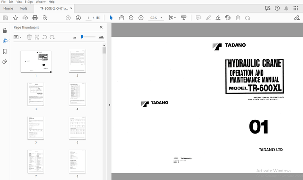 Tadano TR-600XL Hydraulic Crane Operation &amp; Maintenance Manual – PDF