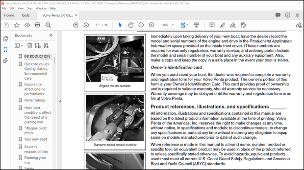 Volvo Penta 3.0 GS, 4.3GL Gi, 5.0GL Gi, 5.7 GS GSi, 7.4 GI GSi, 8.2 GSi, DPX 385415 Operators Manual